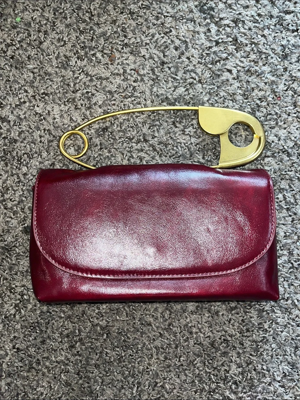 Burgundy Leather Clutch with Gold Safety Pin Accent